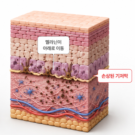 기저막이 손상된 피부 단면